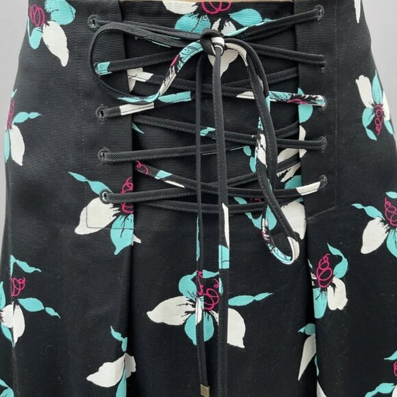 Anthropologie Maeve Midi Skirt 4 Black Blue Floral Lace-Up A-Line High Waist - Picture 6 of 9